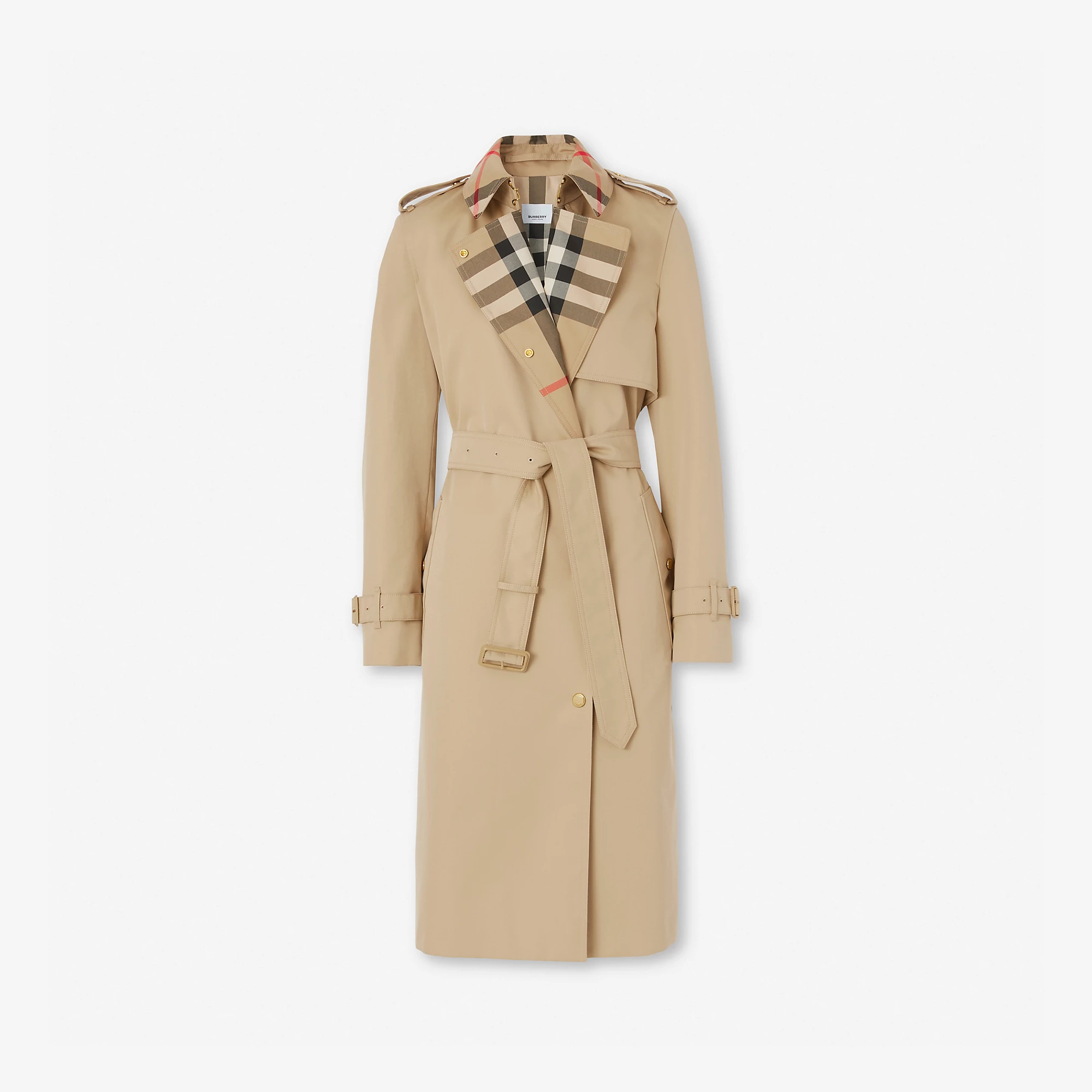 Long Check Collar Gabardine Trench Coat