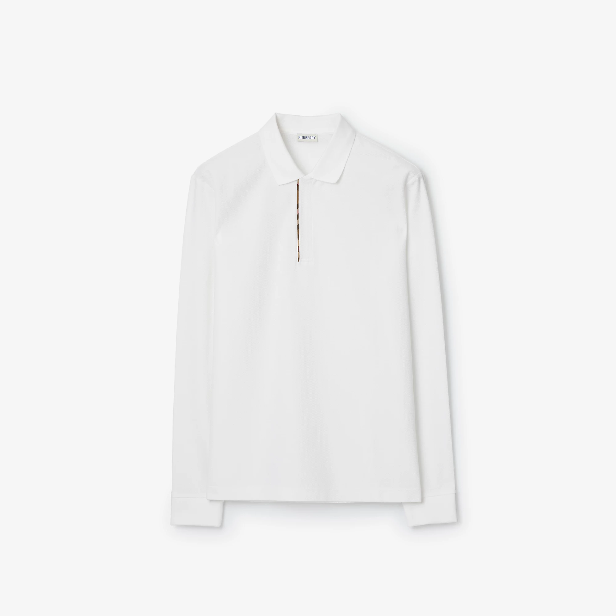 Long-sleeve Check Trim Cotton Polo Shirt