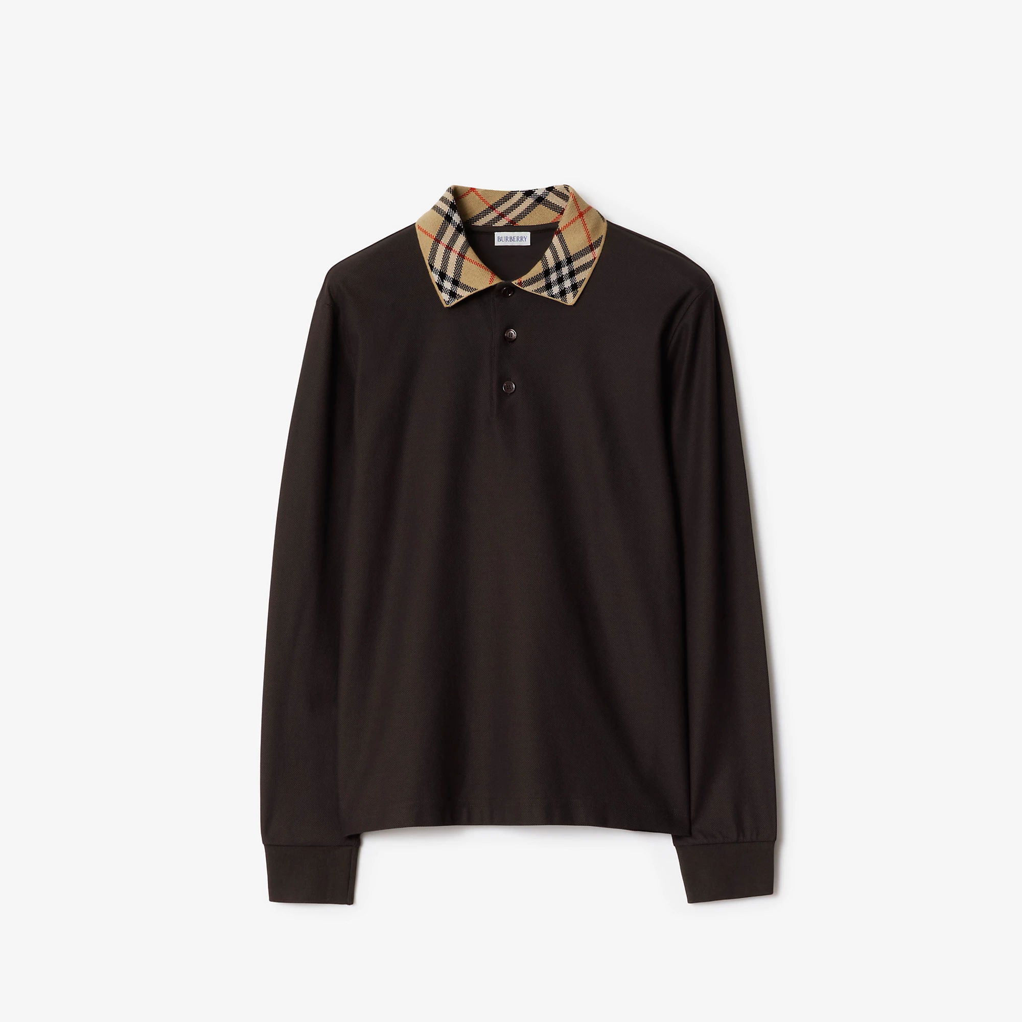 Long-sleeve Check Collar Cotton Polo Shirt