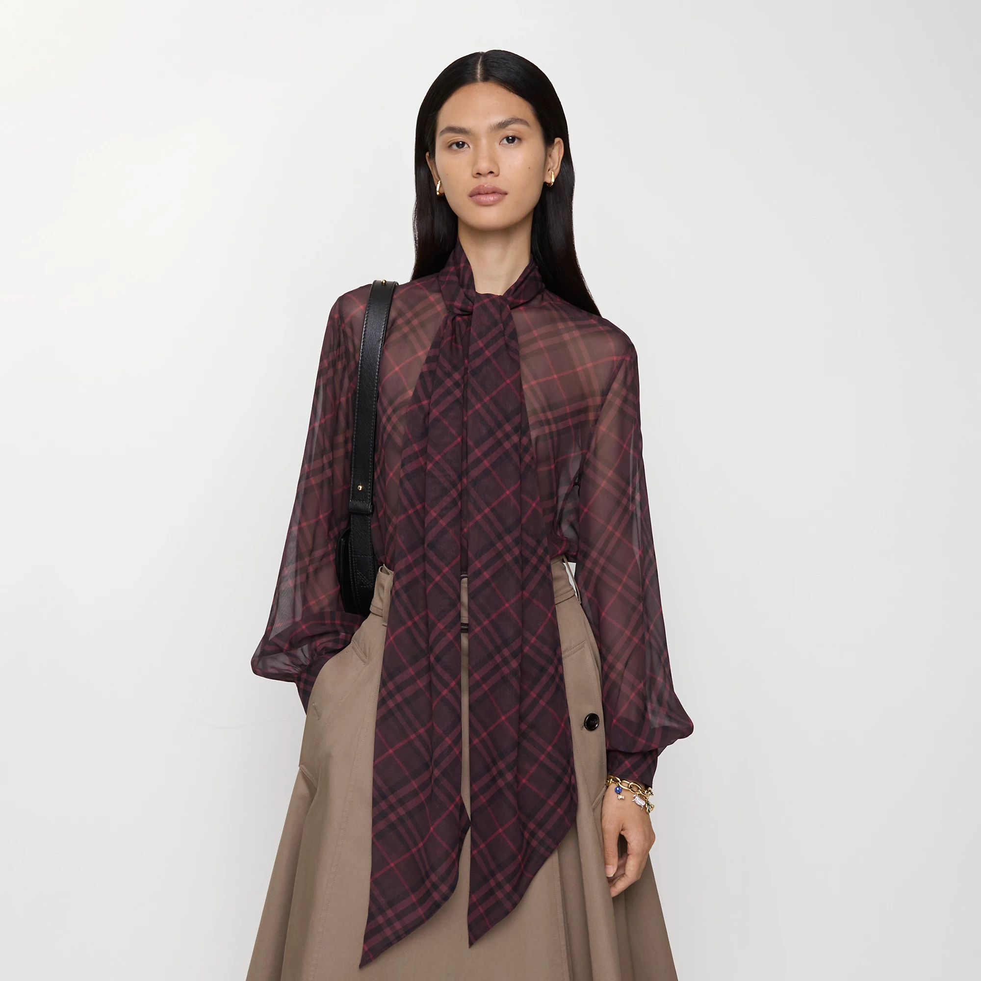 Check Silk Scarf Blouse
