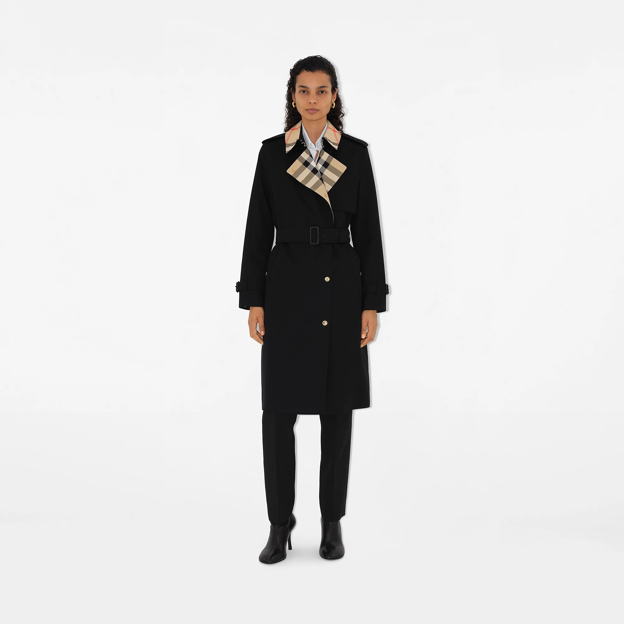 Long Check Collar Gabardine Trench Coat