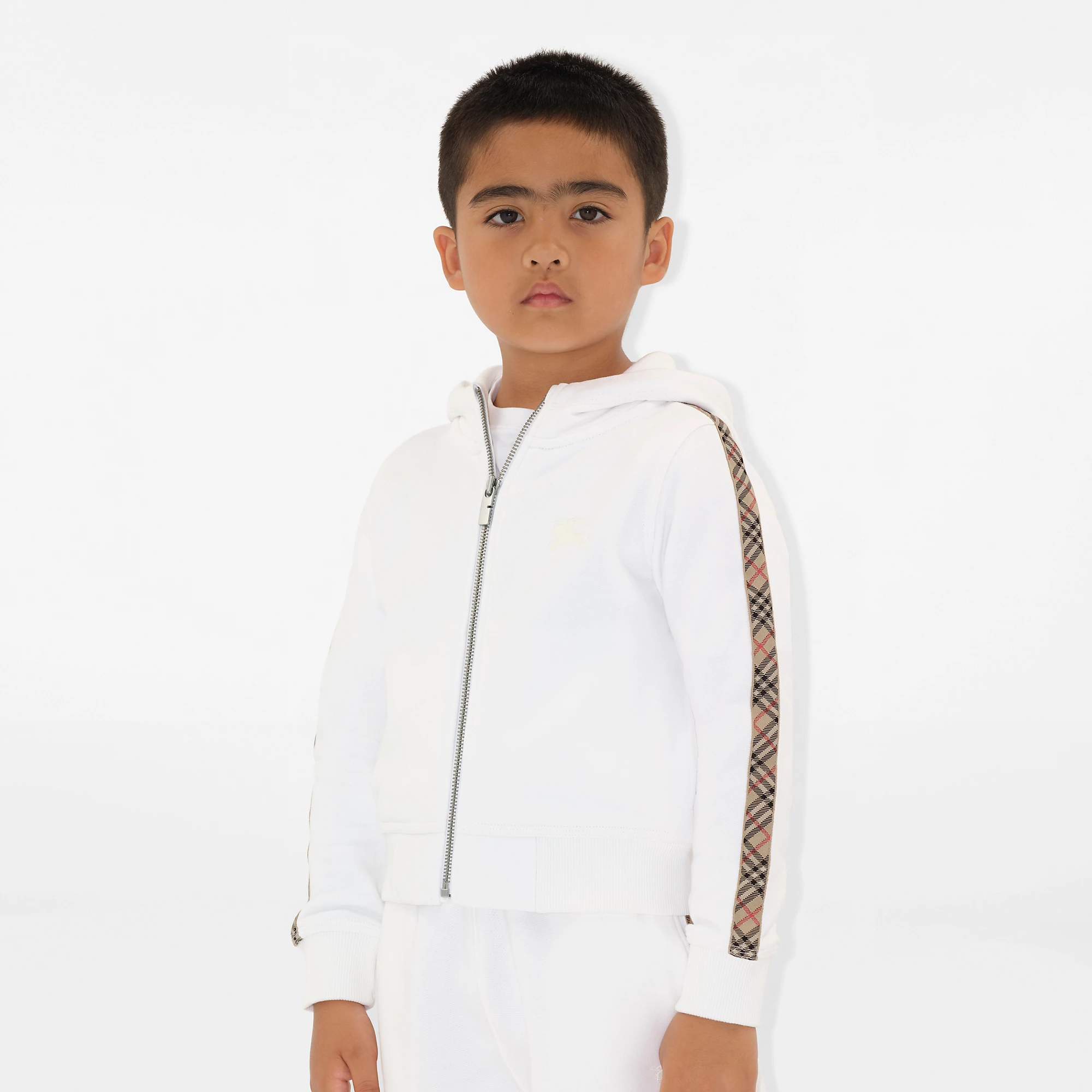 Check Trim Cotton Zip Hoodie