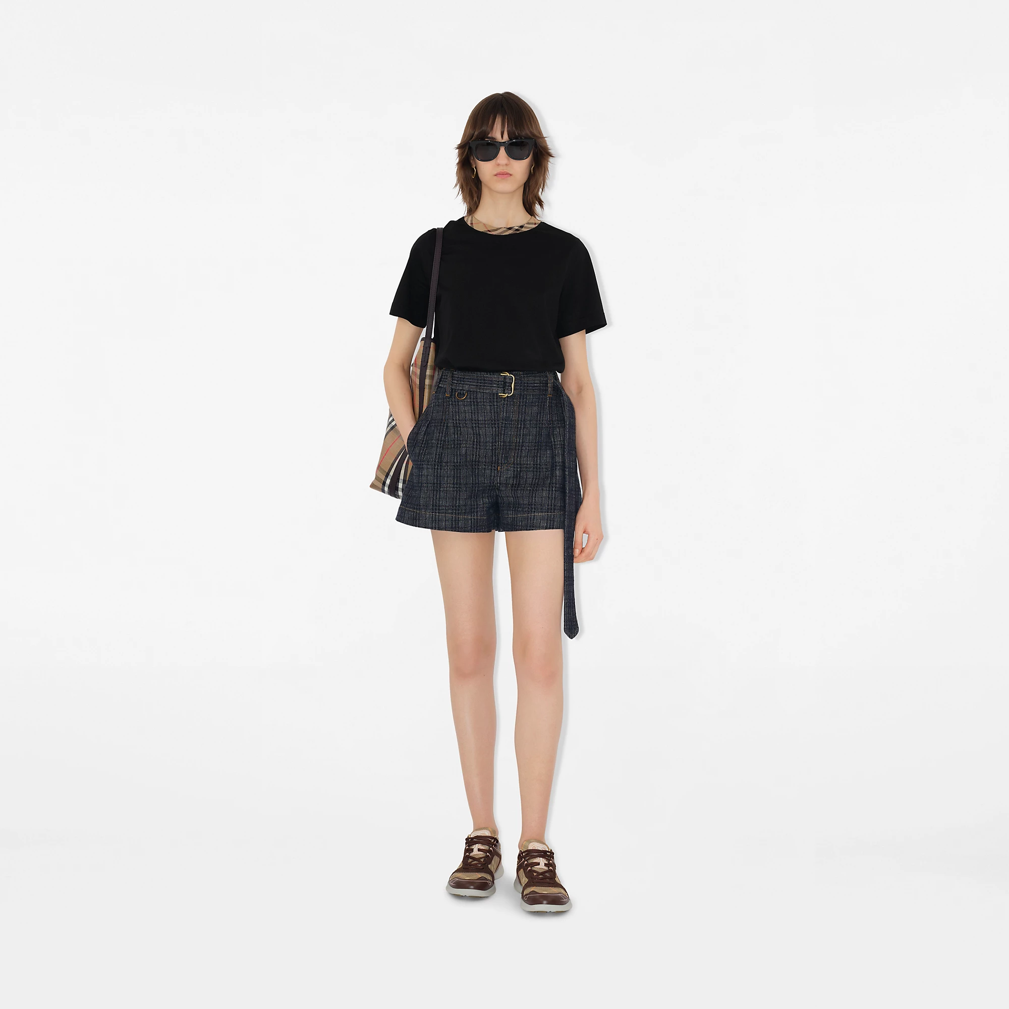 Belted Check Denim Shorts
