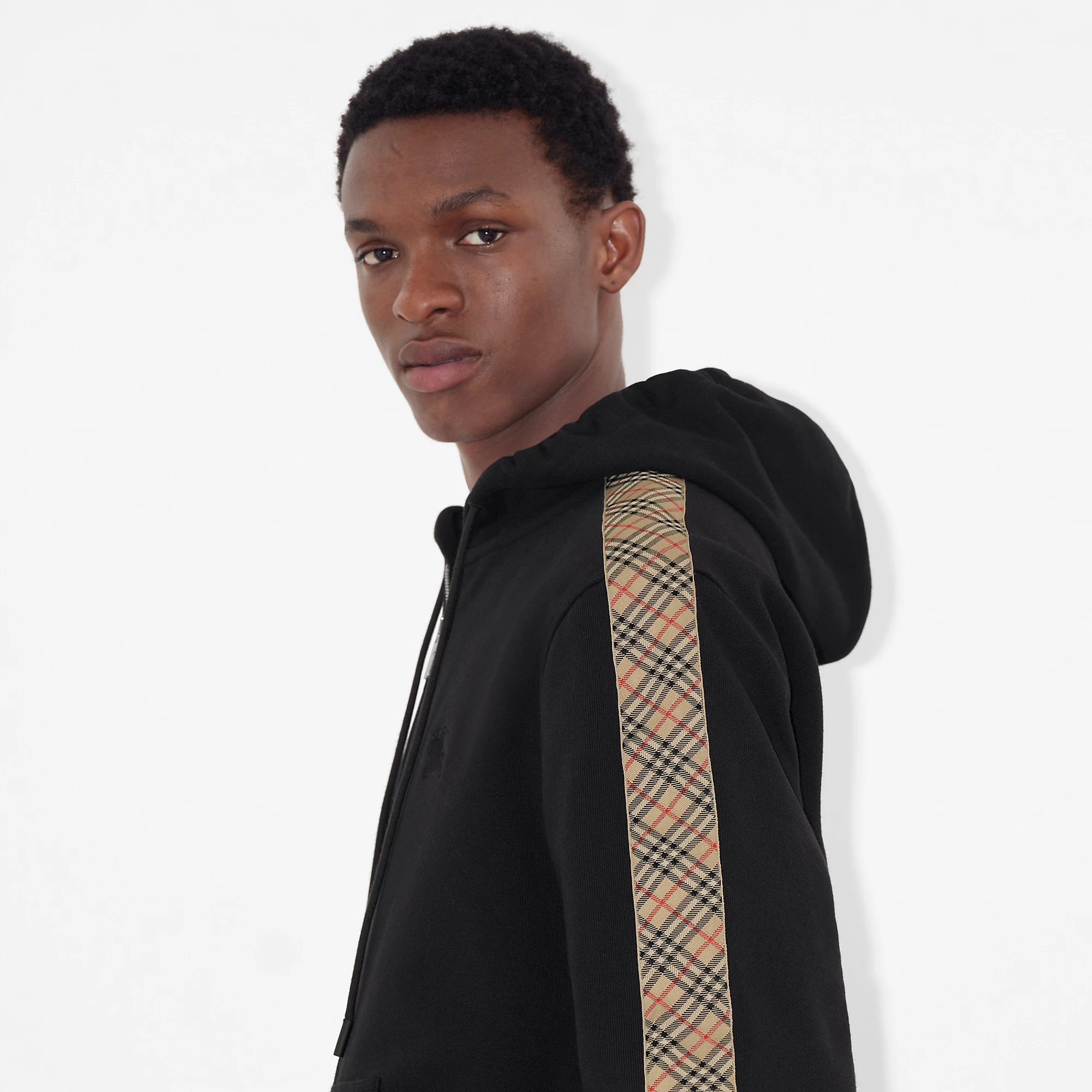 Check Trim Cotton Zip Hoodie