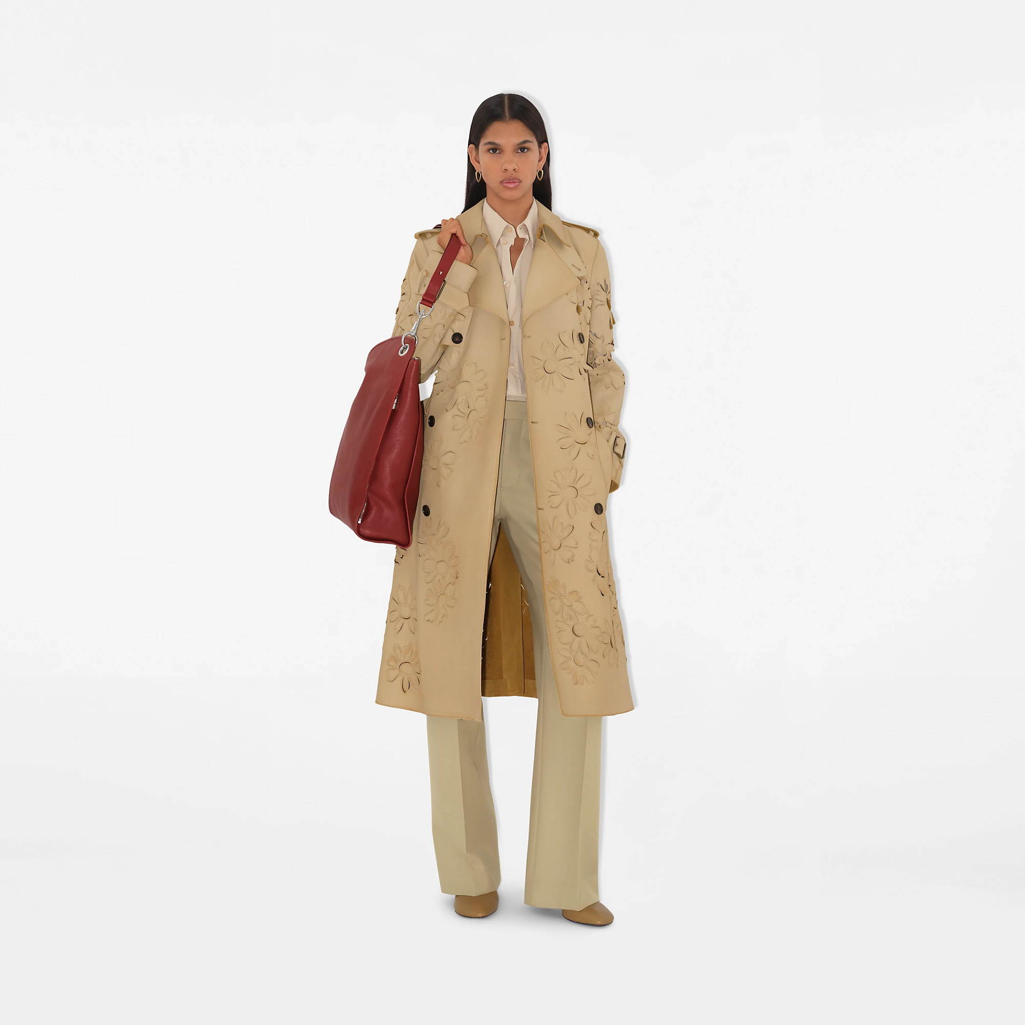 Long Cutout Daisy Suede Trench Coat