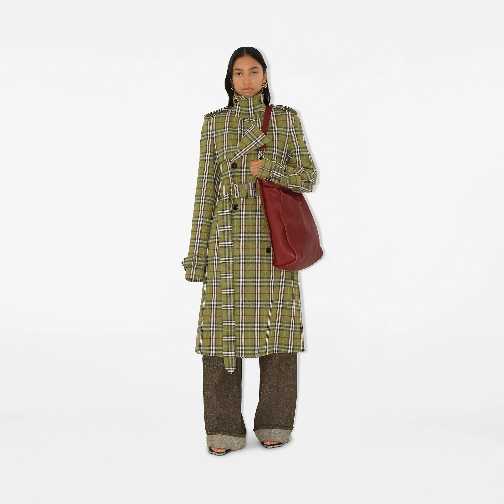 Long Check Stretch Linen Trench Coat
