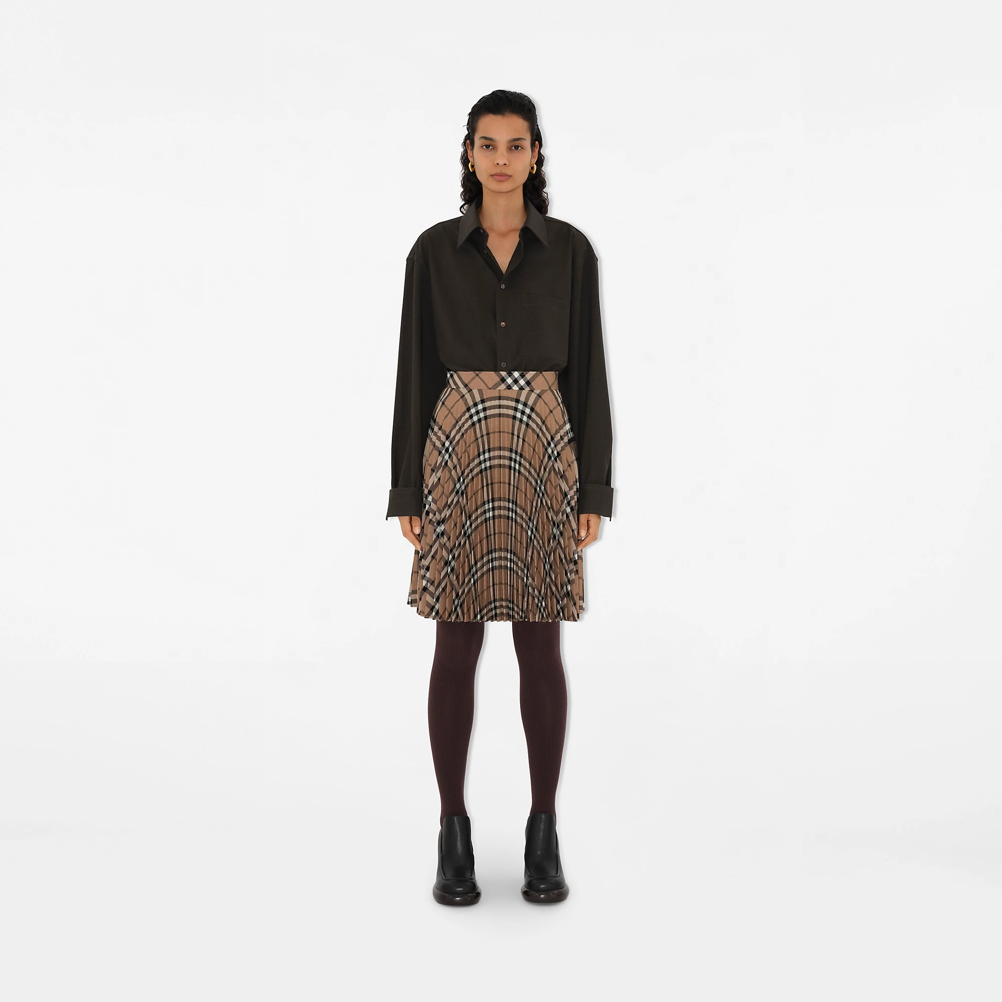 Pleated Check Wool Blend Skirt