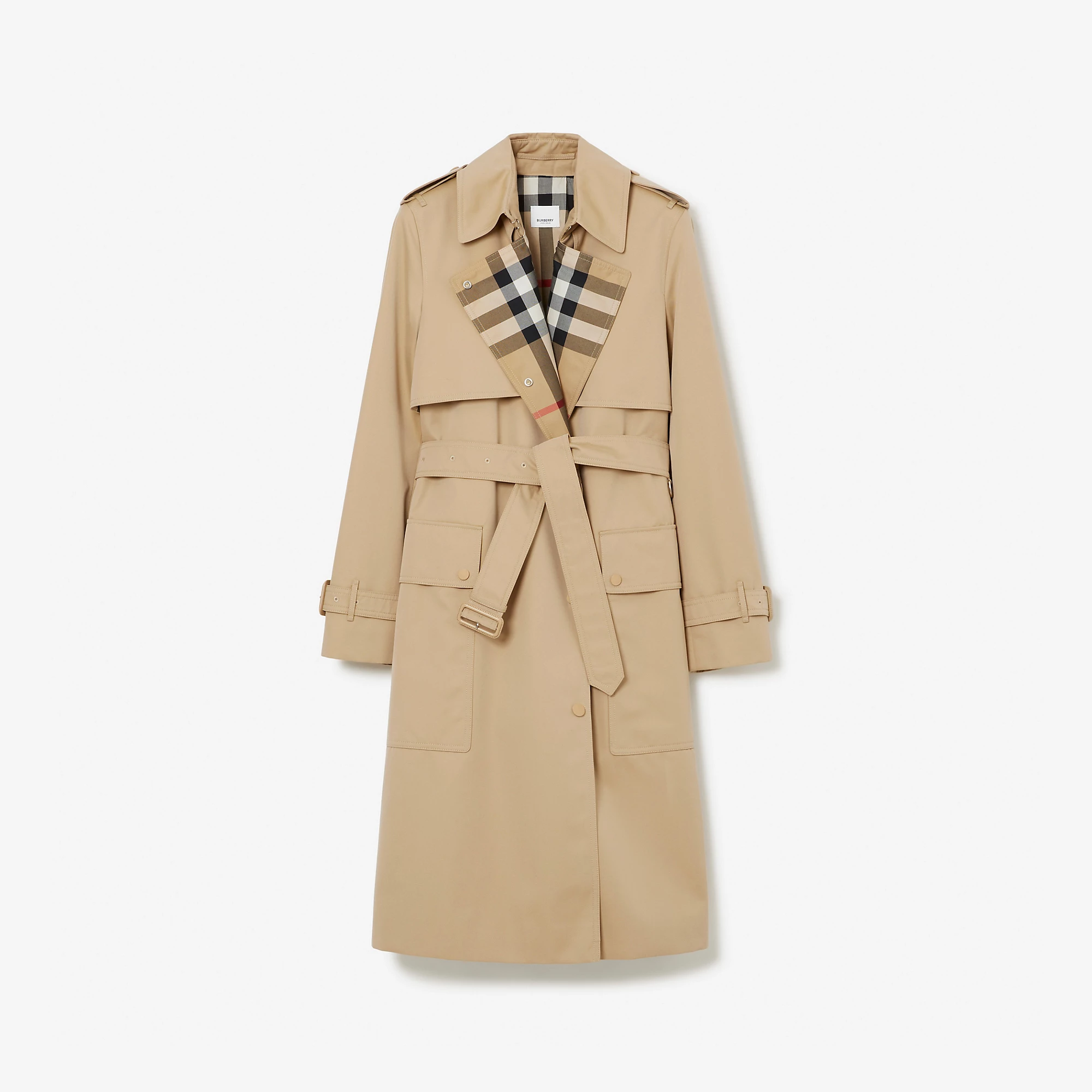 Long Check Lapel Gabardine Trench Coat
