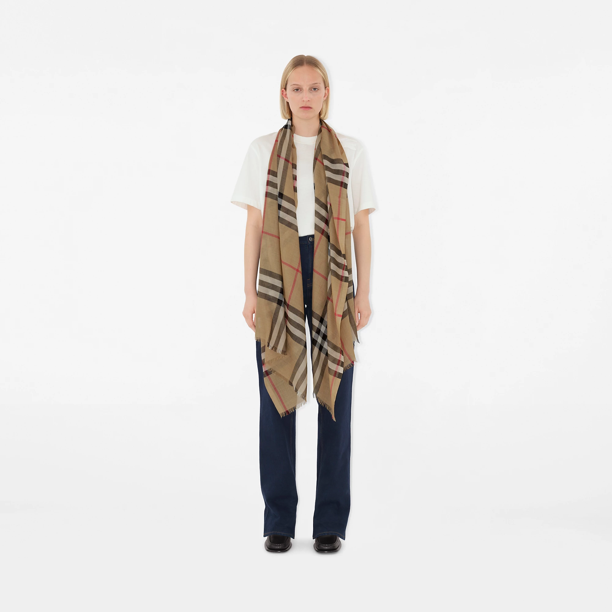 Wide Check Wool Silk Scarf